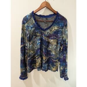 Sno Skins Blue V Neck Ruffle Long Sleeve Top